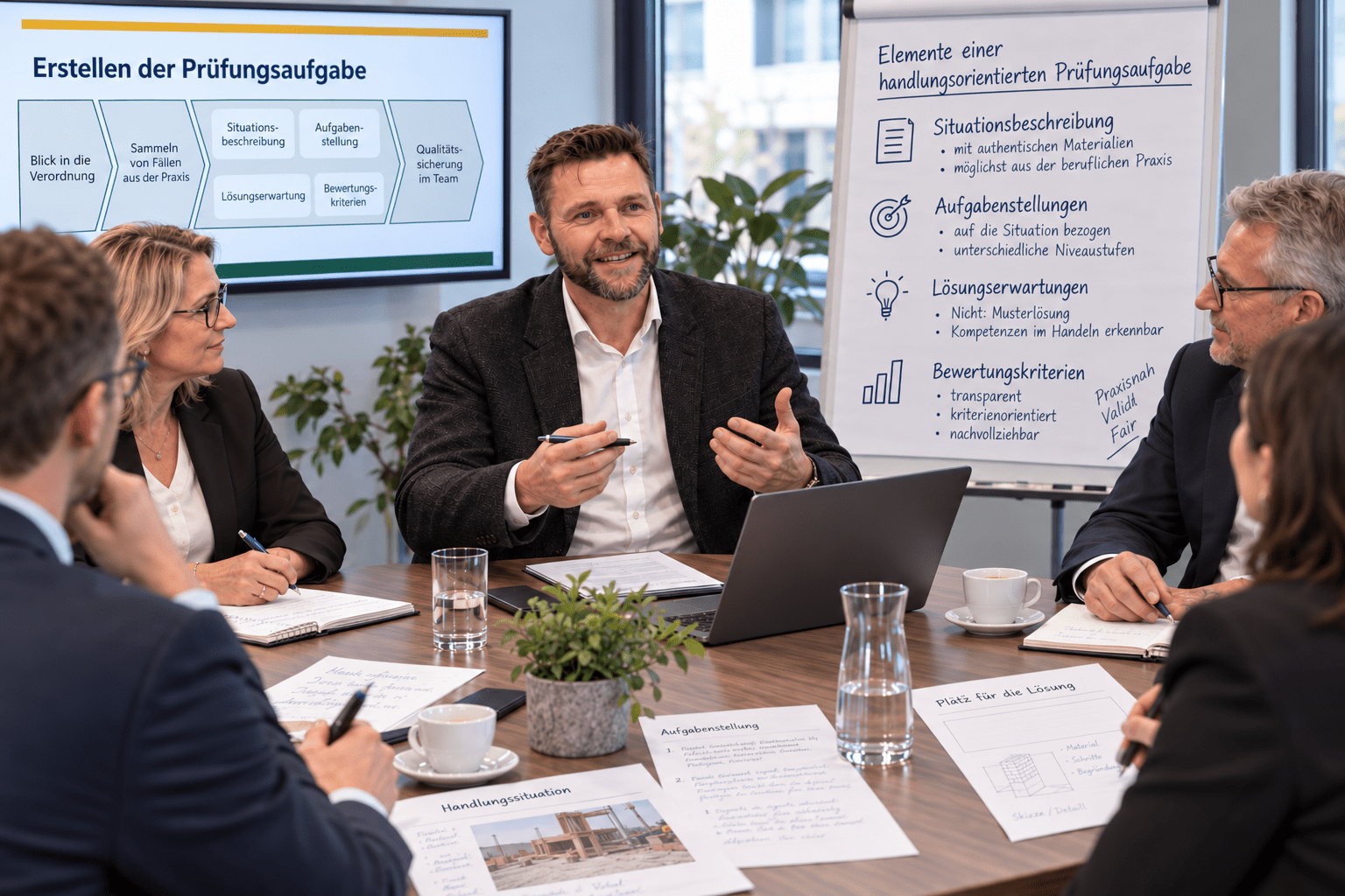 Rolf Rehbold im Gespraech waehrend einer Schulung fuer Pruefungsaufgabenersteller, im Hintergrund der Prozess der Pruefungsaufgabenerstellung und die Elemente einer handlungsorientierten Pruefungsaufgabe